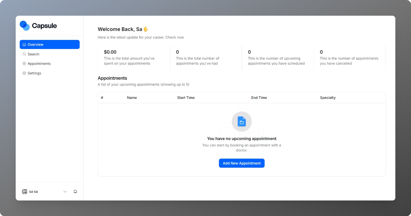 Picture of the wecare appliction dashboard